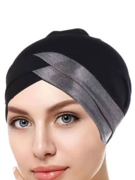 Hollywood Style Instant Turban Cap Black with Silver - Picture 2 of 2